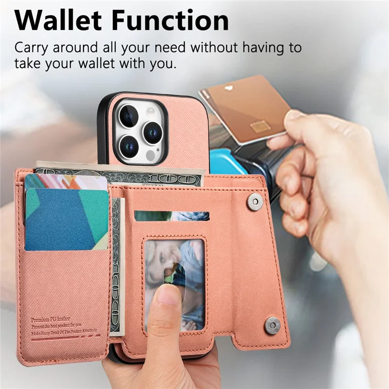 For iPhone 16 Pro Max Magnetic Case Twill Cloth Texture PU Leather Phone Back Cover with Tri-fold Card Holder - Pink