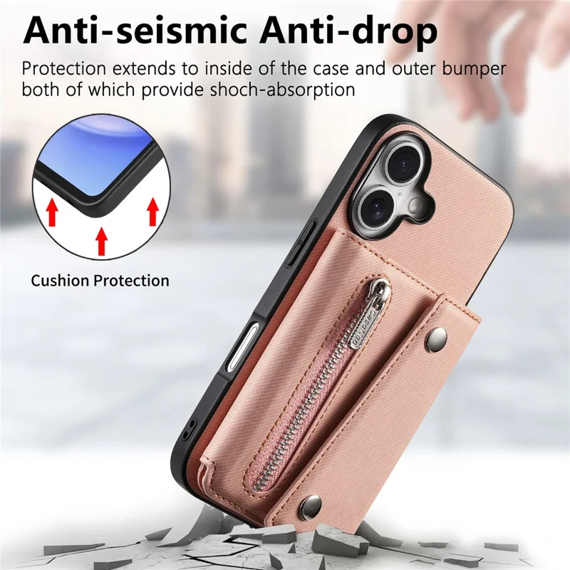 For iPhone 16 Magnetic Case Twill Cloth Texture PU Leather Phone Back Cover with Tri-fold Card Holder - Pink