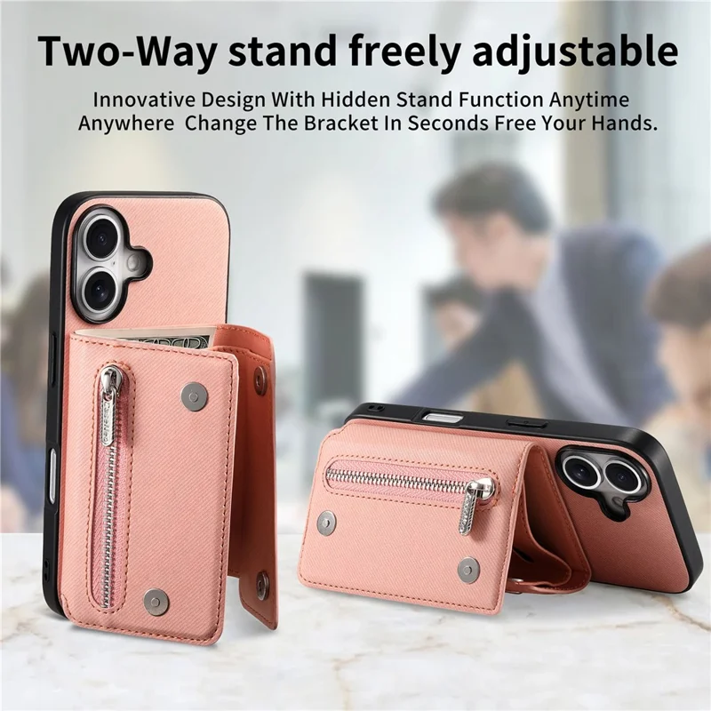 For iPhone 16 Magnetic Case Twill Cloth Texture PU Leather Phone Back Cover with Tri-fold Card Holder - Pink