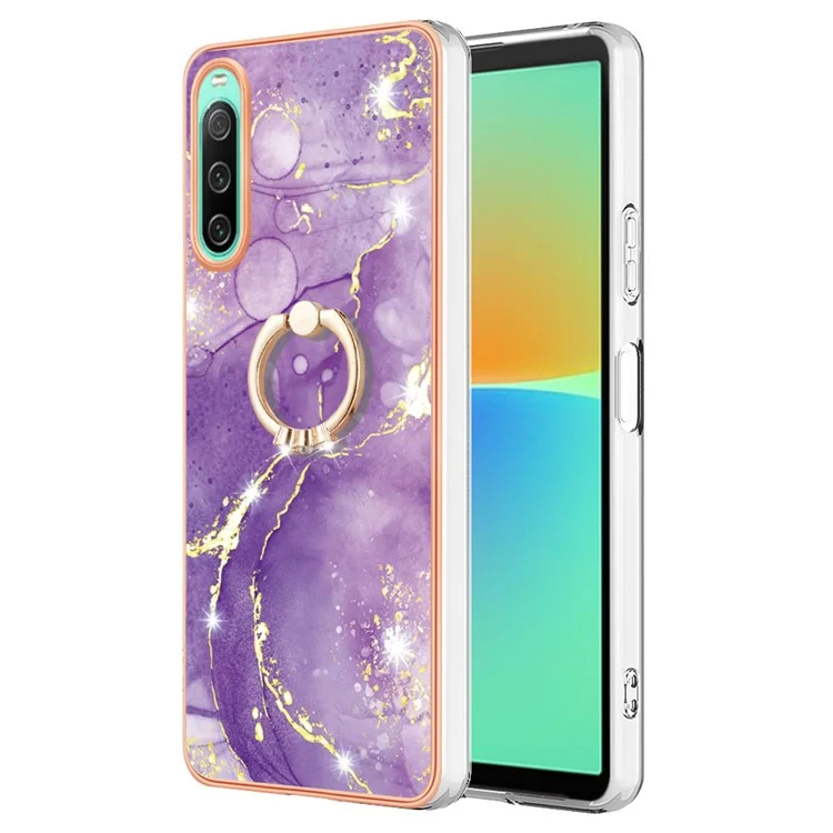 For Sony Xperia 10 IV 5G YB IMD Series-10 Ring Kickstand IMD Marble Pattern Phone Case Electroplating Frame TPU Anti-drop Cover - Purple 002