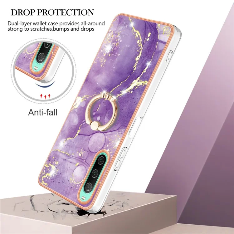 Für Sony Xperia 10 IV 5G YB IMD Series-10 Ring Kickstand IMD Marble Pattern Phone Case Electroplating Frame TPU Anti-drop Cover - Lila 002