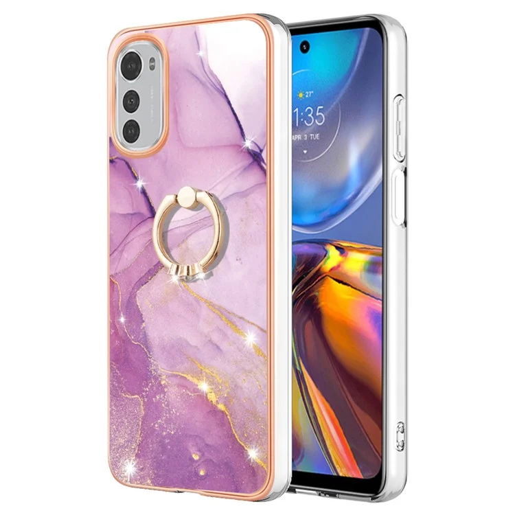 Pour Motorola Moto E32 4G / E32s 4G YB IMD Series-10 TPU Ring Kickstand Téléphone IMD Marble Match Electroplasing Protective Cover - Purple 001