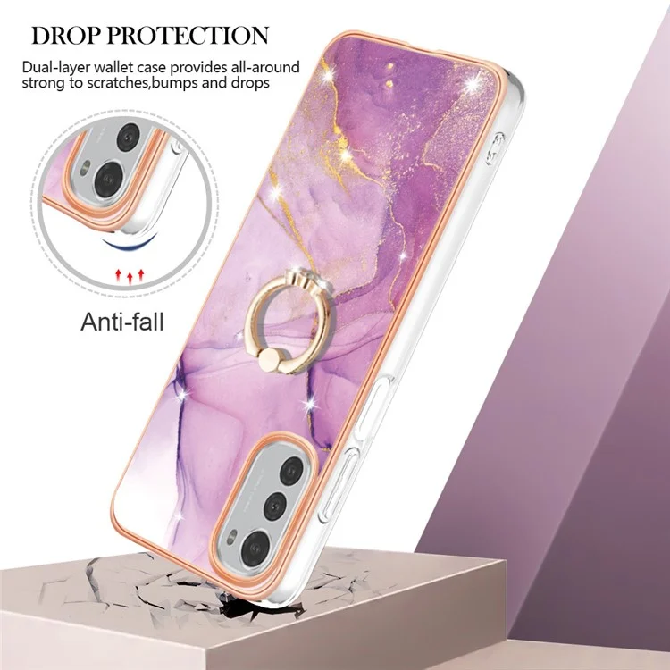 Pour Motorola Moto E32 4G / E32s 4G YB IMD Series-10 TPU Ring Kickstand Téléphone IMD Marble Match Electroplasing Protective Cover - Purple 001