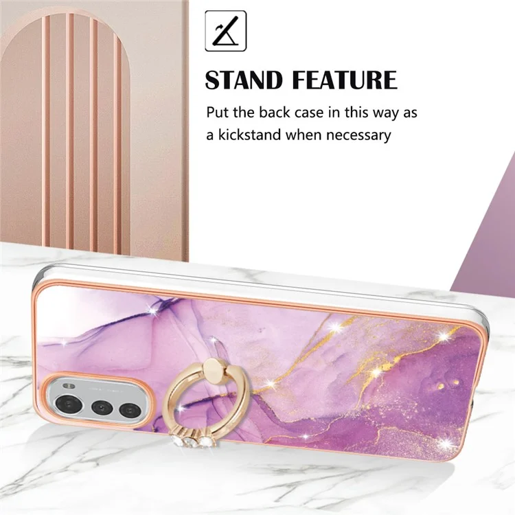 Pour Motorola Moto E32 4G / E32s 4G YB IMD Series-10 TPU Ring Kickstand Téléphone IMD Marble Match Electroplasing Protective Cover - Purple 001