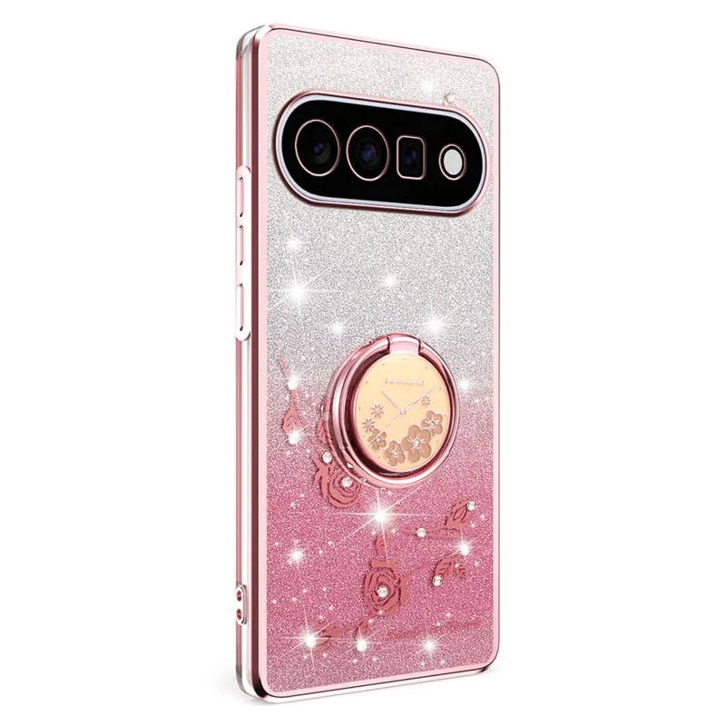 KADEM For Google Pixel 11 Case Ring Kickstand TPU Flowers Phone Cover Gradient Glitter - Rose Gold