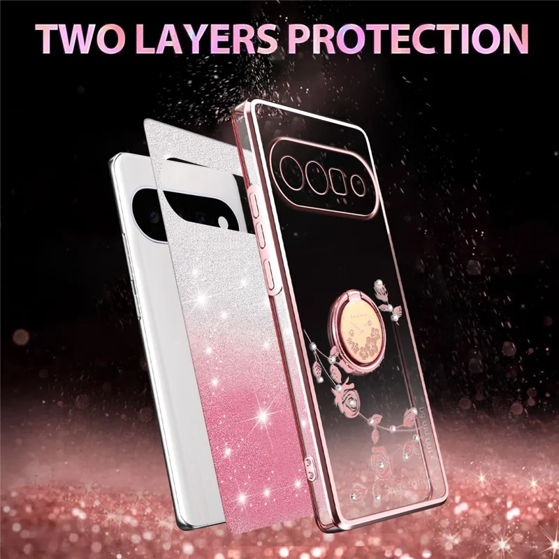 KADEM For Google Pixel 11 Case Ring Kickstand TPU Flowers Phone Cover Gradient Glitter - Rose Gold