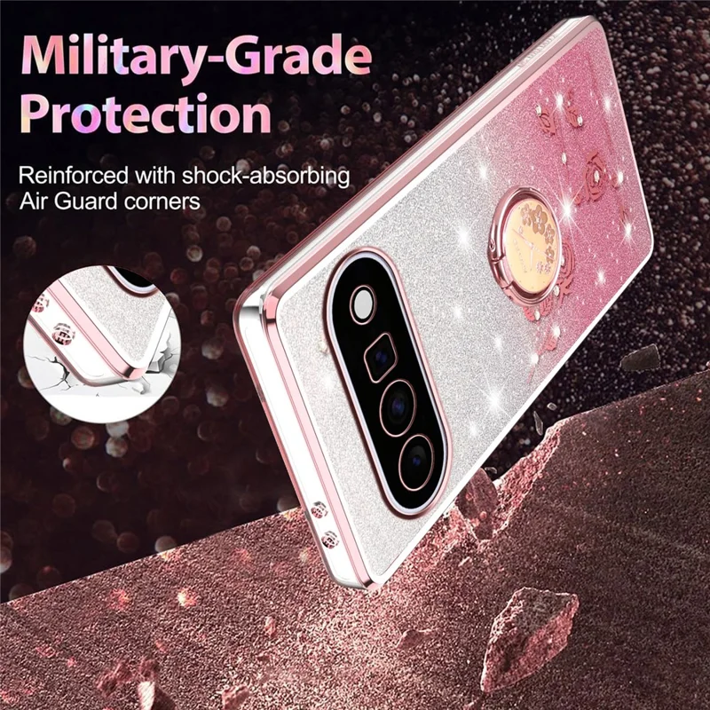 KADEM For Google Pixel 11 Case Ring Kickstand TPU Flowers Phone Cover Gradient Glitter - Rose Gold
