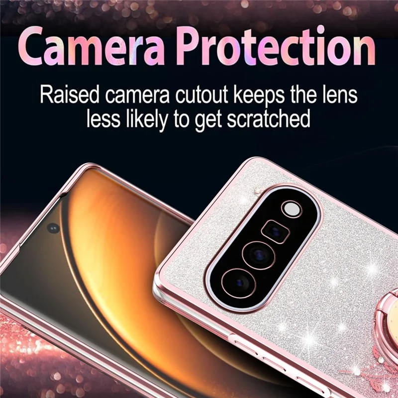 KADEM For Google Pixel 11 Case Ring Kickstand TPU Flowers Phone Cover Gradient Glitter - Rose Gold