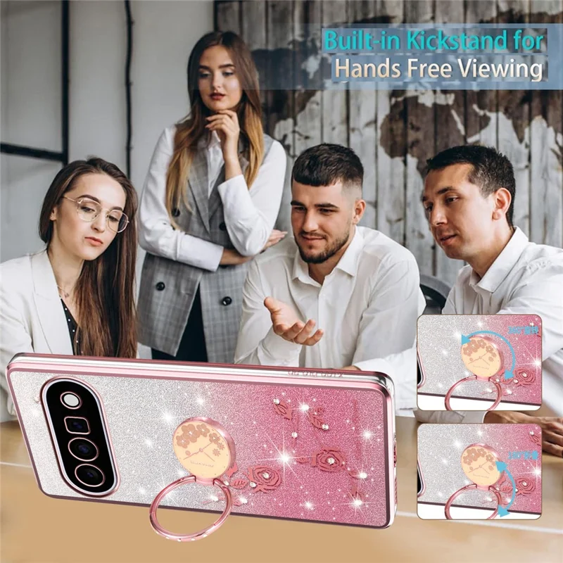 KADEM For Google Pixel 11 Case Ring Kickstand TPU Flowers Phone Cover Gradient Glitter - Rose Gold