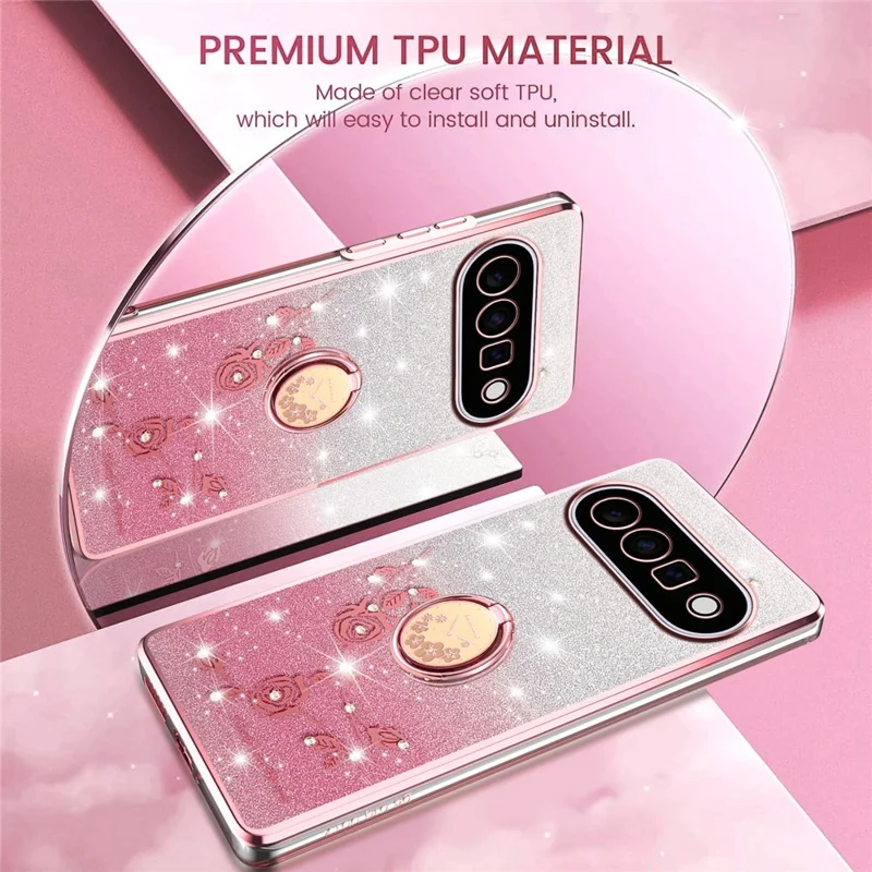 KADEM For Google Pixel 11 Case Ring Kickstand TPU Flowers Phone Cover Gradient Glitter - Rose Gold