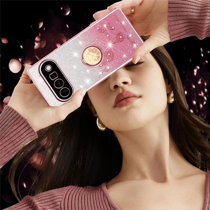 KADEM For Google Pixel 11 Case Ring Kickstand TPU Flowers Phone Cover Gradient Glitter - Rose Gold