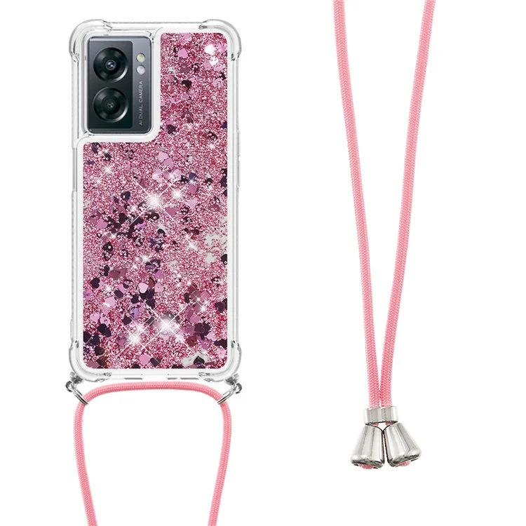 YB Quicksand Series-4 pour OnePlus Nord N300 5G / Oppo A57 (2022) 5G / A77 5G / Realme Q5i / Narzo 50 5G / V23 5G Étui de téléphone Quicksand avec lanière - Or rose / Cœurs