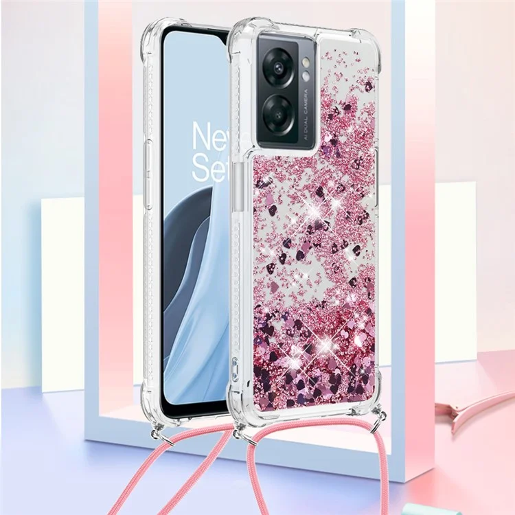 YB Quicksand Series-4 pour OnePlus Nord N300 5G / Oppo A57 (2022) 5G / A77 5G / Realme Q5i / Narzo 50 5G / V23 5G Étui de téléphone Quicksand avec lanière - Or rose / Cœurs