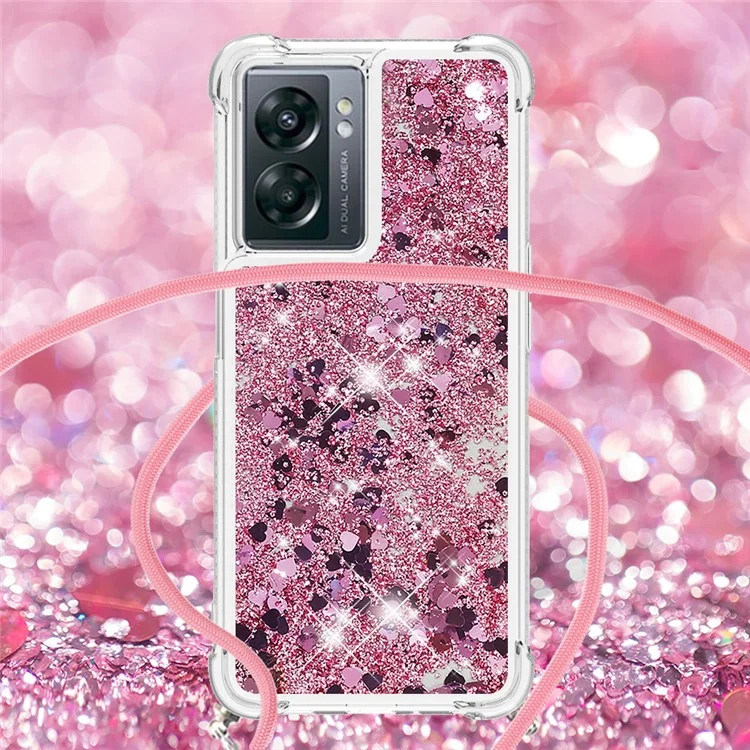 YB Quicksand Series-4 pour OnePlus Nord N300 5G / Oppo A57 (2022) 5G / A77 5G / Realme Q5i / Narzo 50 5G / V23 5G Étui de téléphone Quicksand avec lanière - Or rose / Cœurs