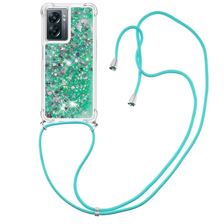 YB Quicksand Series-4 Para OnePlus Nord N300 5G / Oppo A57 (2022) 5G / A77 5G / Realme Q5i / Narzo 50 5G / V23 5G Capa de TPU Macia à Prova de Gotas de Capa de Gotas Rápidas Com Cordão - Verde / Corações