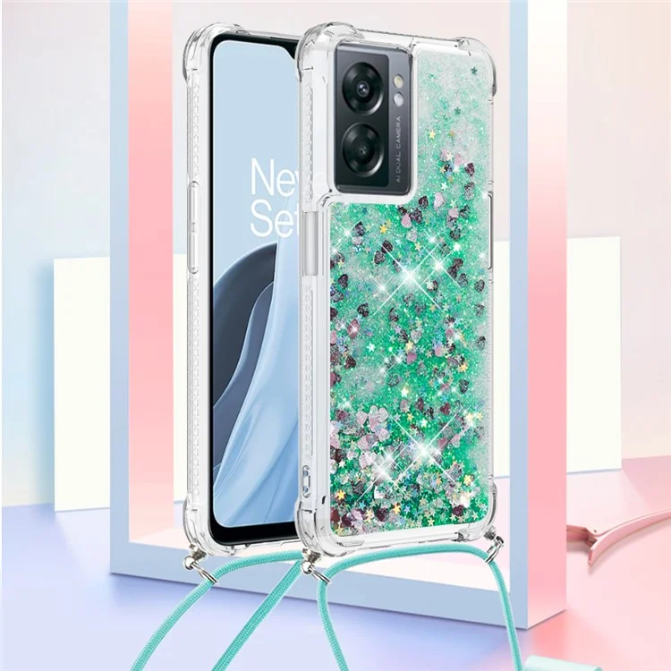 YB Quicksand Series-4 Para OnePlus Nord N300 5G / Oppo A57 (2022) 5G / A77 5G / Realme Q5i / Narzo 50 5G / V23 5G Capa de TPU Macia à Prova de Gotas de Capa de Gotas Rápidas Com Cordão - Verde / Corações