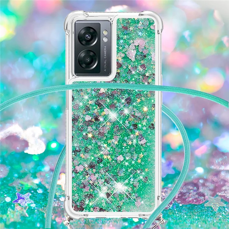 YB Quicksand Series-4 Para OnePlus Nord N300 5G / Oppo A57 (2022) 5G / A77 5G / Realme Q5i / Narzo 50 5G / V23 5G Capa de TPU Macia à Prova de Gotas de Capa de Gotas Rápidas Com Cordão - Verde / Corações