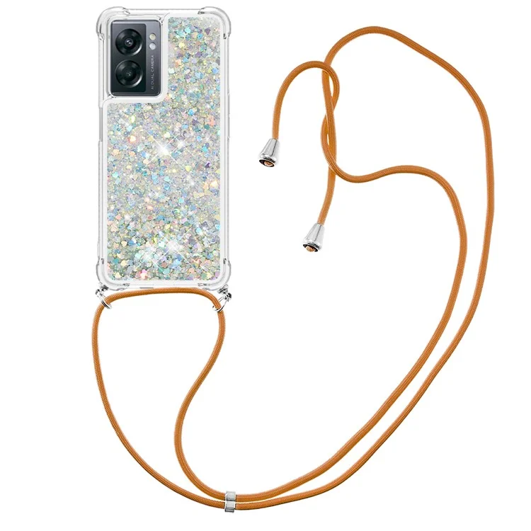 YB Quicksand Series-4 Pour OnePlus Nord N300 5G / Oppo A57 (2022) 5G / A77 5G / Royaume Q5i / Narzo 50 5G / V23 5G Couverture de TPU Soft TPU Boîte de Téléphonie Rapide 5G Avec Longe - Argent / Cœurs