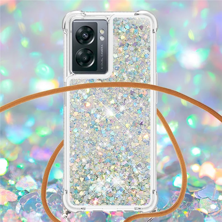 YB Quicksand Series-4 Pour OnePlus Nord N300 5G / Oppo A57 (2022) 5G / A77 5G / Royaume Q5i / Narzo 50 5G / V23 5G Couverture de TPU Soft TPU Boîte de Téléphonie Rapide 5G Avec Longe - Argent / Cœurs