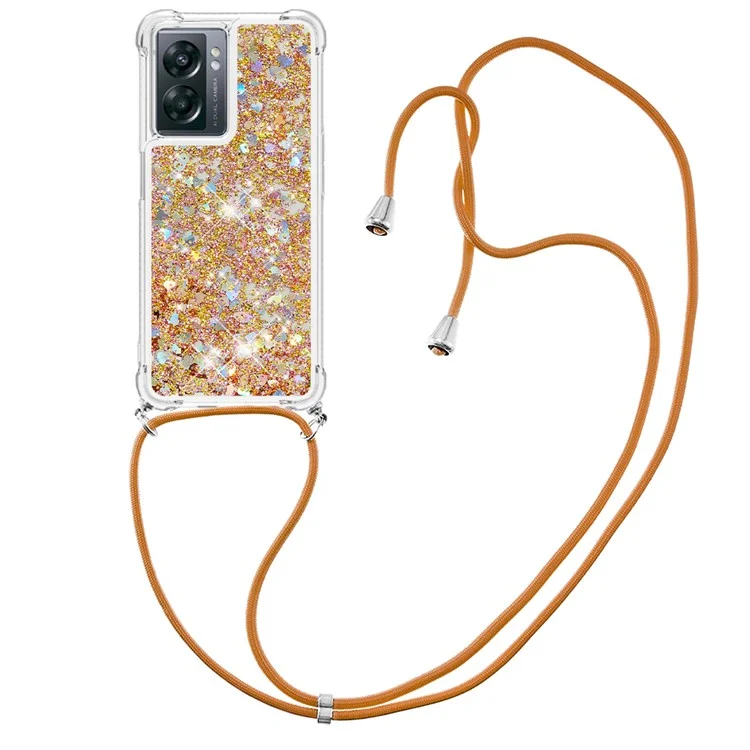 YB Quicksand Series-4 Für OnePlus Nord N300 5G / Oppo A57 (2022) 5G / A77 5G / Realme Q5i / Narzo 50 5g / V23 5G Quicksand Phone Case Drop-sof-soft Tpu-abdeckung Mit Lanyard - Gold / Herzen