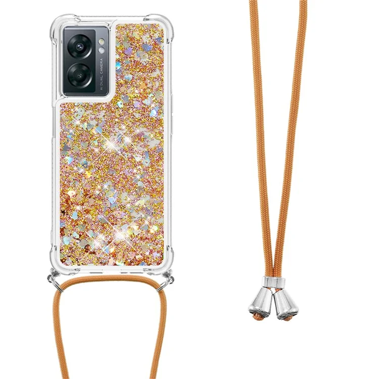 YB Quicksand Series-4 Für OnePlus Nord N300 5G / Oppo A57 (2022) 5G / A77 5G / Realme Q5i / Narzo 50 5g / V23 5G Quicksand Phone Case Drop-sof-soft Tpu-abdeckung Mit Lanyard - Gold / Herzen