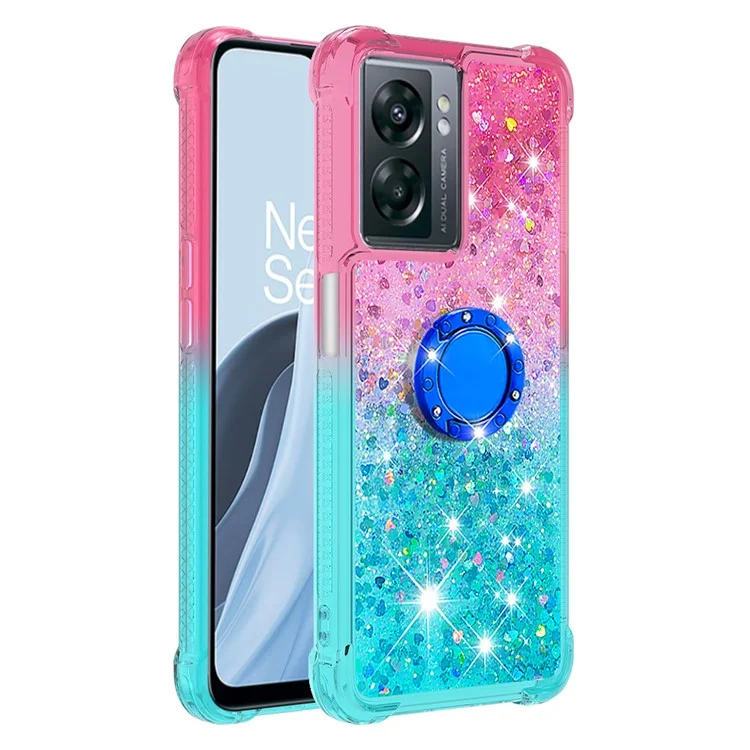 Per OnePlus Nord N300 5G / Oppo A57 (2022) 5G / A77 5G / Realme Q5i / Narzo 50 5G / V23 5G YB Quicksand Series-8 Sert TPU Telefless Case Quicksand Ring Kickstand Cover a Prova di Goccia - Rosa / Cielo Blu