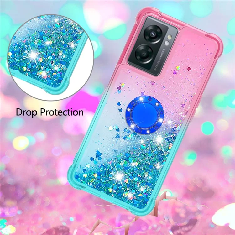Per OnePlus Nord N300 5G / Oppo A57 (2022) 5G / A77 5G / Realme Q5i / Narzo 50 5G / V23 5G YB Quicksand Series-8 Sert TPU Telefless Case Quicksand Ring Kickstand Cover a Prova di Goccia - Rosa / Cielo Blu