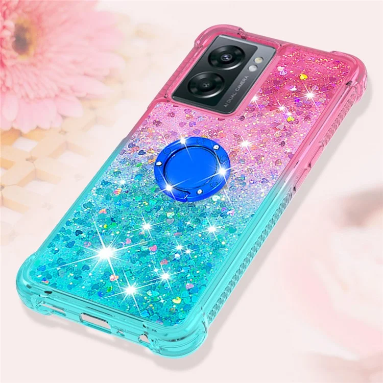 Per OnePlus Nord N300 5G / Oppo A57 (2022) 5G / A77 5G / Realme Q5i / Narzo 50 5G / V23 5G YB Quicksand Series-8 Sert TPU Telefless Case Quicksand Ring Kickstand Cover a Prova di Goccia - Rosa / Cielo Blu