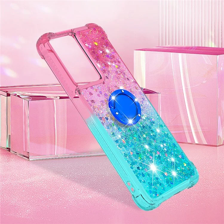 Per OnePlus Nord N300 5G / Oppo A57 (2022) 5G / A77 5G / Realme Q5i / Narzo 50 5G / V23 5G YB Quicksand Series-8 Sert TPU Telefless Case Quicksand Ring Kickstand Cover a Prova di Goccia - Rosa / Cielo Blu