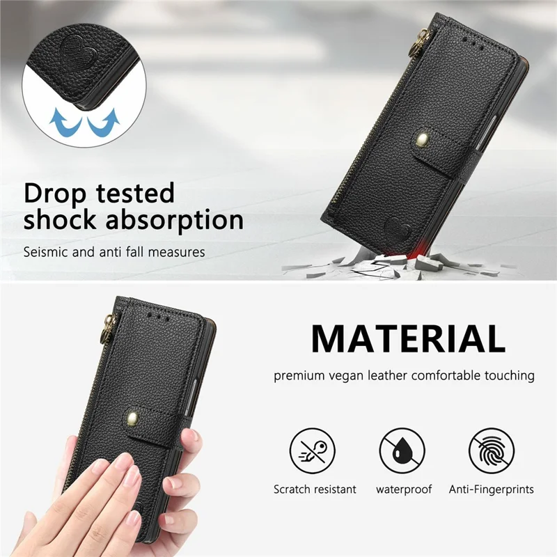 For Samsung Galaxy Z Fold8 Ultra Case RFID Blocking Zipper Pocket Leather Wallet Phone Cover with Strap - Black