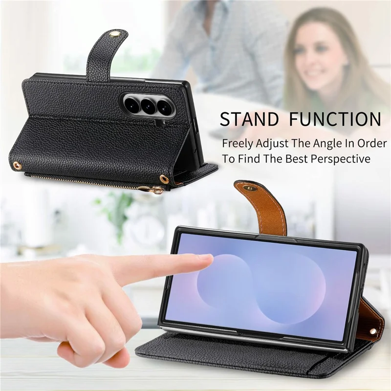 For Samsung Galaxy Z Fold8 Ultra Case RFID Blocking Zipper Pocket Leather Wallet Phone Cover with Strap - Black