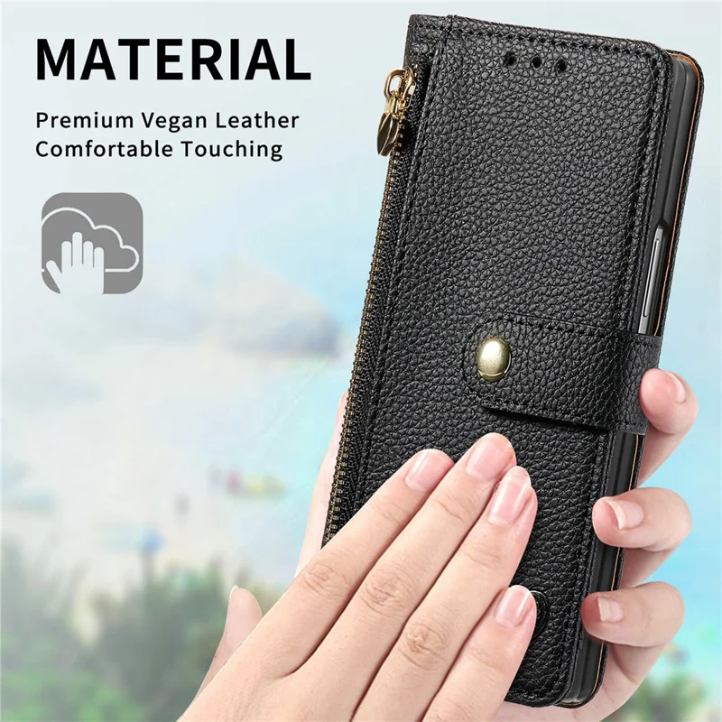 For Samsung Galaxy Z Fold8 Ultra Case RFID Blocking Zipper Pocket Leather Wallet Phone Cover with Strap - Black