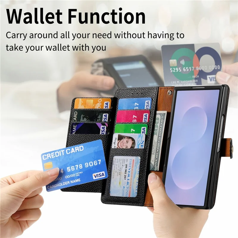 For Samsung Galaxy Z Fold8 Ultra Case RFID Blocking Zipper Pocket Leather Wallet Phone Cover with Strap - Black