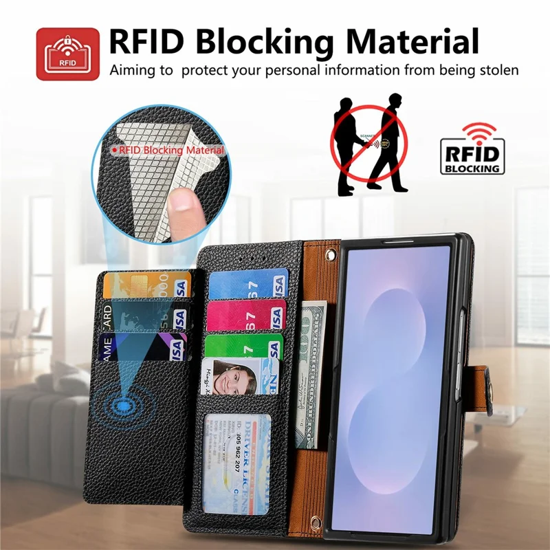 For Samsung Galaxy Z Fold8 Ultra Case RFID Blocking Zipper Pocket Leather Wallet Phone Cover with Strap - Black