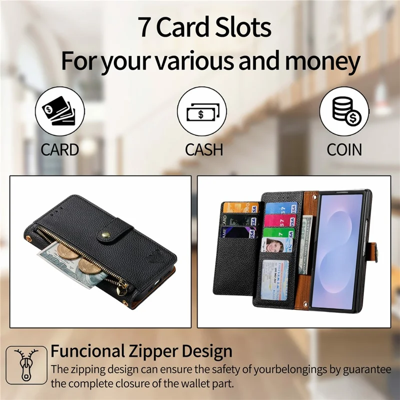 For Samsung Galaxy Z Fold8 Ultra Case RFID Blocking Zipper Pocket Leather Wallet Phone Cover with Strap - Black