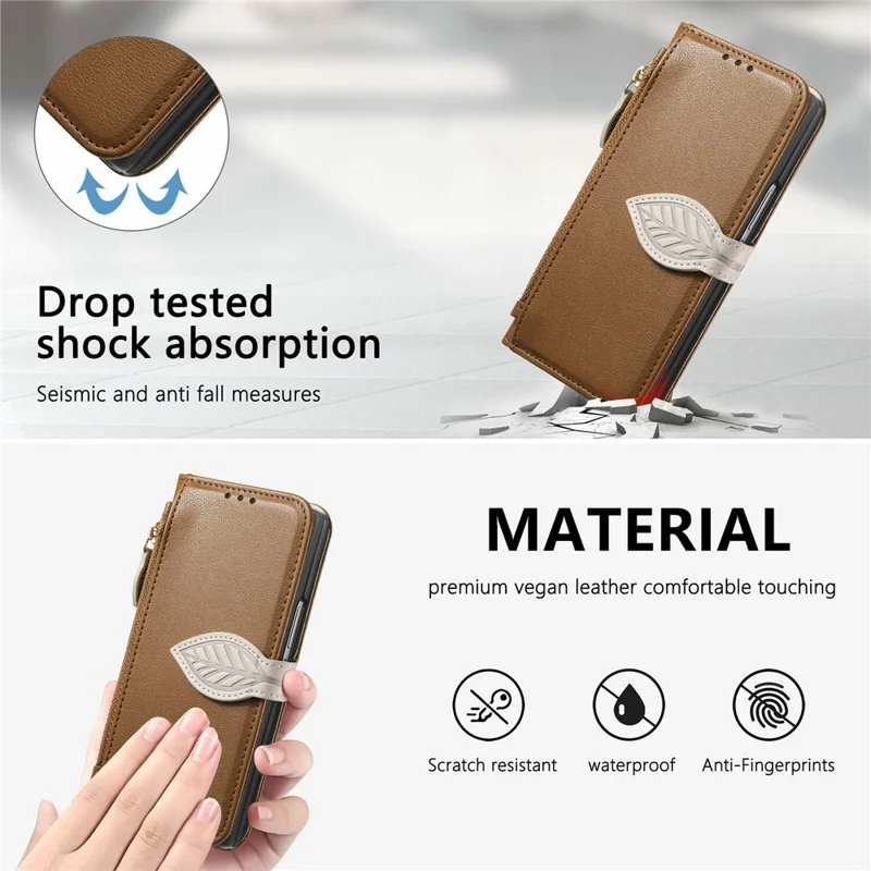 For Samsung Galaxy Z Fold8 Ultra Stand Case Leaf Shape Magnetic Clasp Leather Phone Cover with Hand Strap - Brown