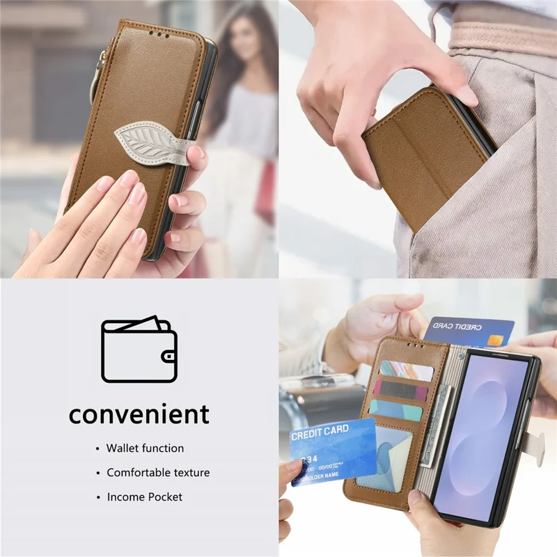For Samsung Galaxy Z Fold8 Ultra Stand Case Leaf Shape Magnetic Clasp Leather Phone Cover with Hand Strap - Brown