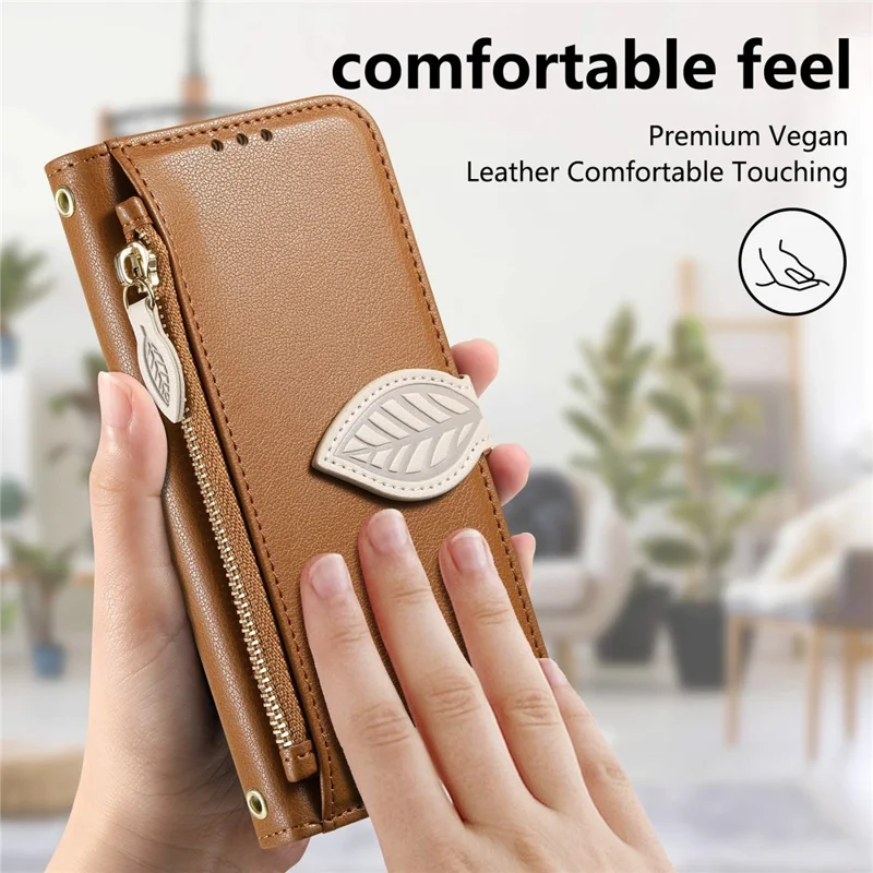 For Samsung Galaxy Z Fold8 Ultra Stand Case Leaf Shape Magnetic Clasp Leather Phone Cover with Hand Strap - Brown