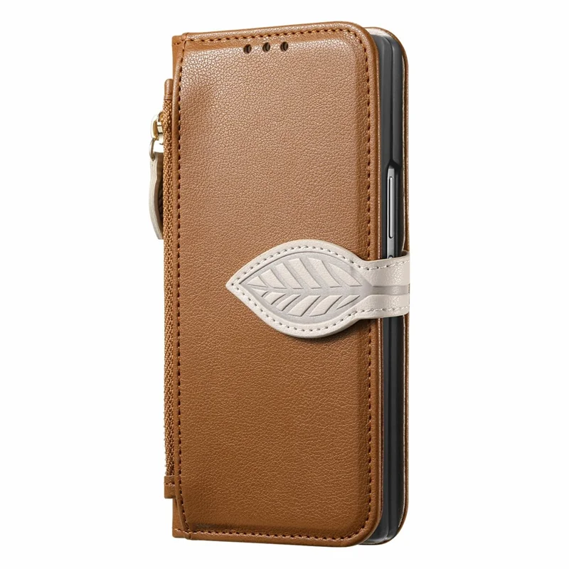 For Samsung Galaxy Z Fold8 Ultra Stand Case Leaf Shape Magnetic Clasp Leather Phone Cover with Hand Strap - Brown