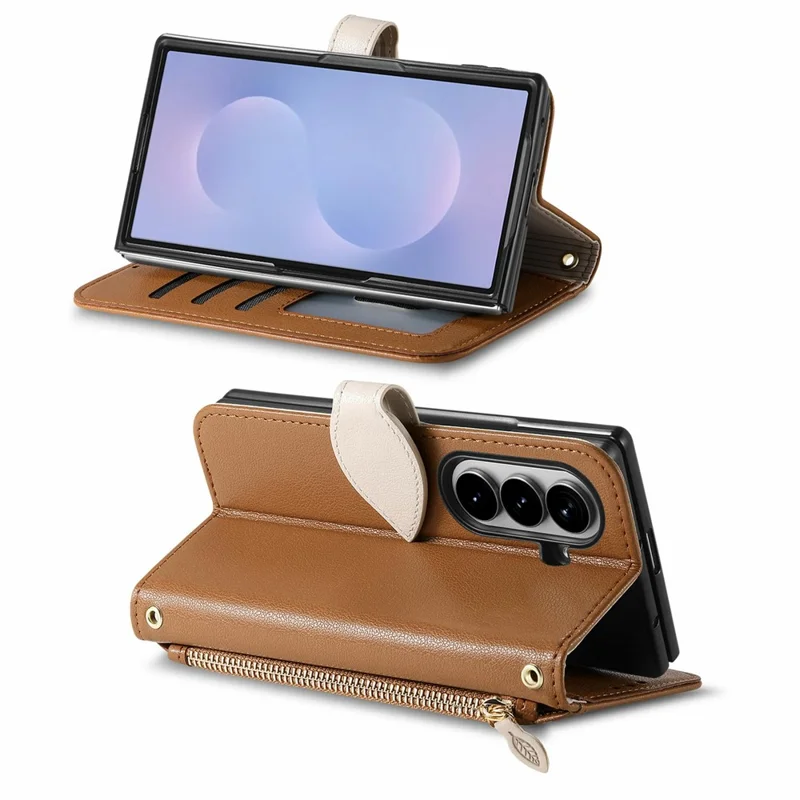 For Samsung Galaxy Z Fold8 Ultra Stand Case Leaf Shape Magnetic Clasp Leather Phone Cover with Hand Strap - Brown