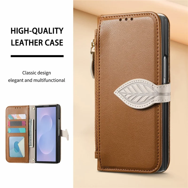 For Samsung Galaxy Z Fold8 Ultra Stand Case Leaf Shape Magnetic Clasp Leather Phone Cover with Hand Strap - Brown