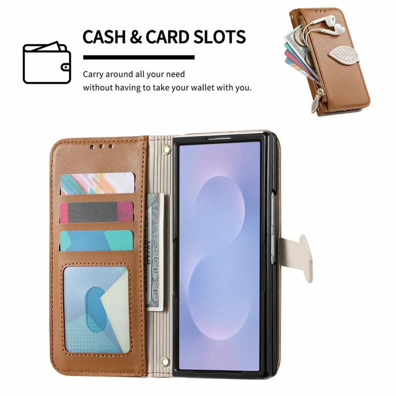For Samsung Galaxy Z Fold8 Ultra Stand Case Leaf Shape Magnetic Clasp Leather Phone Cover with Hand Strap - Brown
