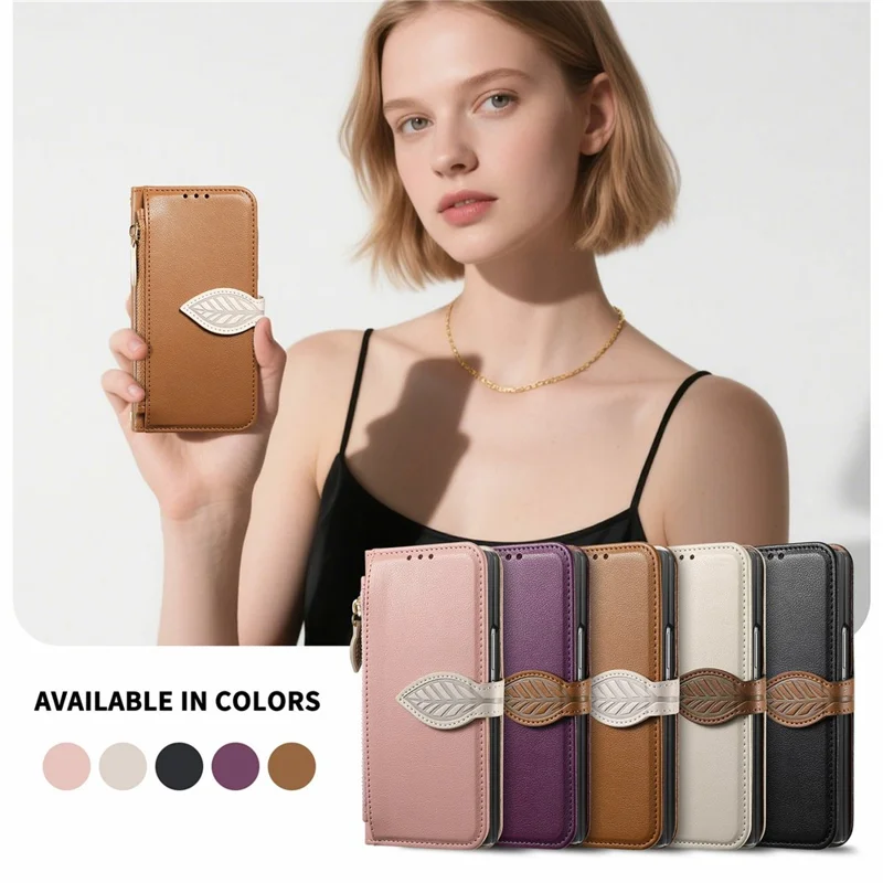 For Samsung Galaxy Z Fold8 Ultra Stand Case Leaf Shape Magnetic Clasp Leather Phone Cover with Hand Strap - Brown