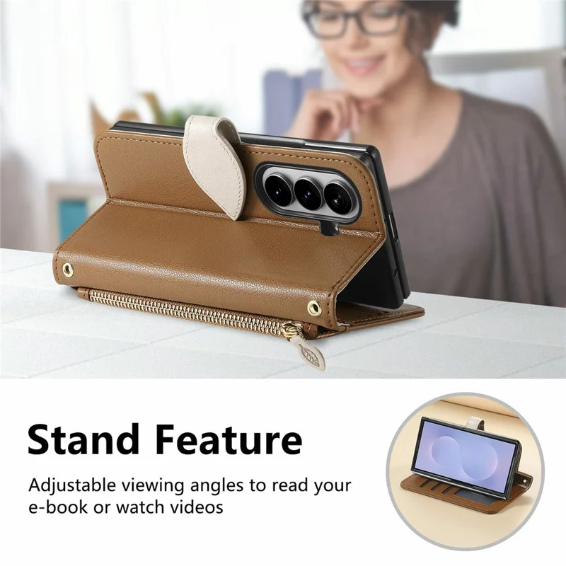 For Samsung Galaxy Z Fold8 Ultra Stand Case Leaf Shape Magnetic Clasp Leather Phone Cover with Hand Strap - Brown
