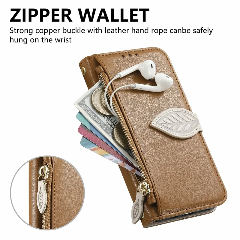 For Samsung Galaxy Z Fold8 Ultra Stand Case Leaf Shape Magnetic Clasp Leather Phone Cover with Hand Strap - Brown