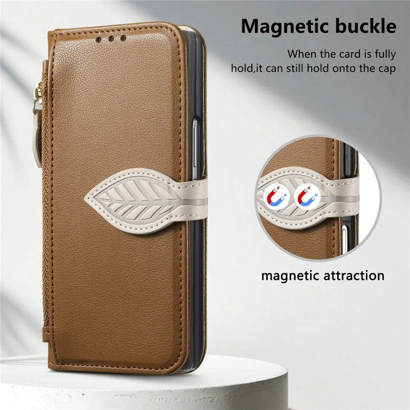 For Samsung Galaxy Z Fold8 Ultra Stand Case Leaf Shape Magnetic Clasp Leather Phone Cover with Hand Strap - Brown