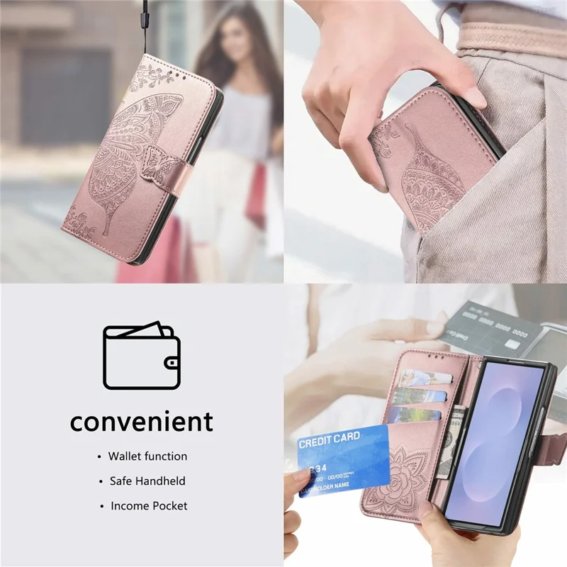 For Samsung Galaxy Z Fold8 Ultra Case with Strap Butterfly Pattern PU Leather Wallet Phone Cover - Rose Gold