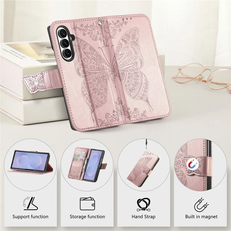 For Samsung Galaxy Z Fold8 Ultra Case with Strap Butterfly Pattern PU Leather Wallet Phone Cover - Rose Gold