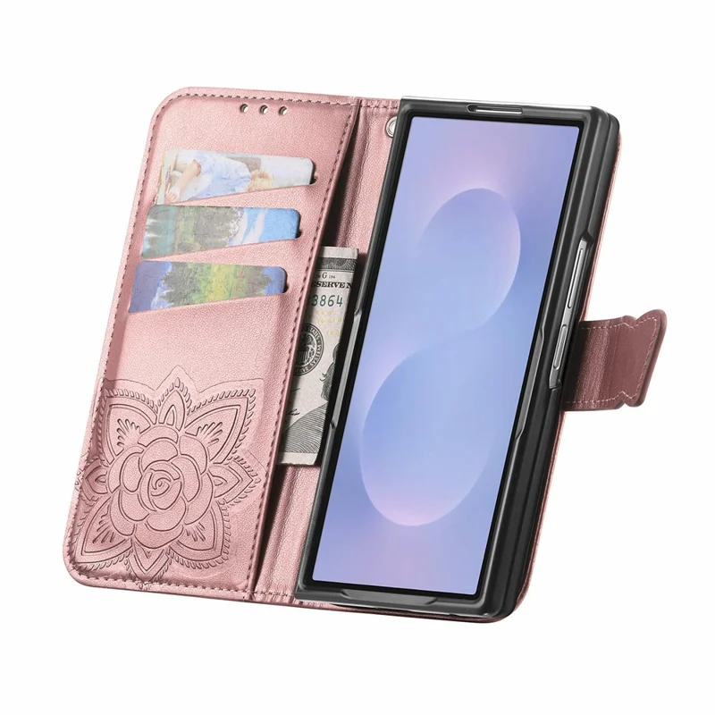 For Samsung Galaxy Z Fold8 Ultra Case with Strap Butterfly Pattern PU Leather Wallet Phone Cover - Rose Gold