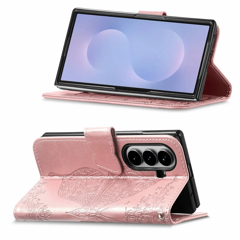 For Samsung Galaxy Z Fold8 Ultra Case with Strap Butterfly Pattern PU Leather Wallet Phone Cover - Rose Gold
